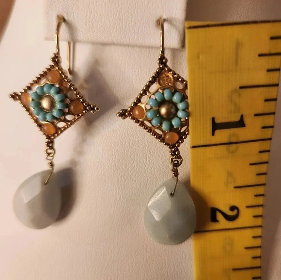 Floral Gold, Orange and Blue Beaded Drop Earring - Picture 3 of 3